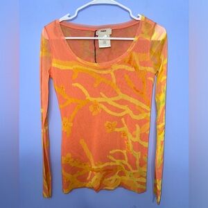 Jean Paul Gaultier FUZZI mesh long sleeve top‎ Coral Orange Yellow Euc Size L